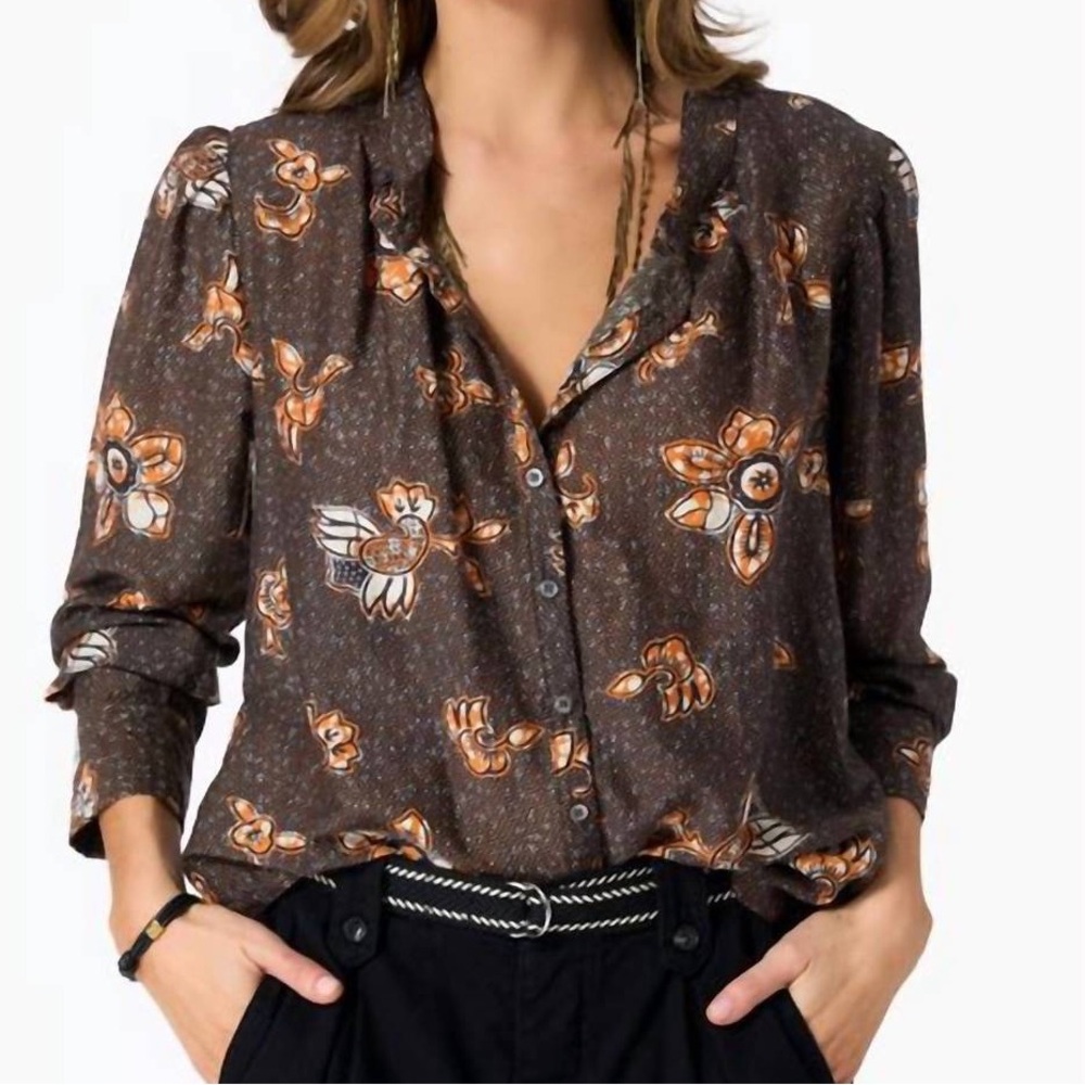 Xirena Hailey Top Brown Floral Marigold Long Sleeve Button Up Cotton Silk XS